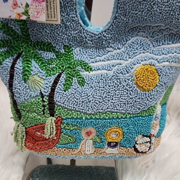 🔹️Made In india 🔹️Blue  Vacation Palm Trees Summer Beach Beaded Tote Bag - Picture 2 of 11